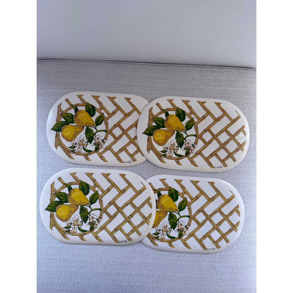 Set of 4 Vintage Vinyl Placemats Pair Bamboo Cala di Volpe 11.5x17.5 Retro